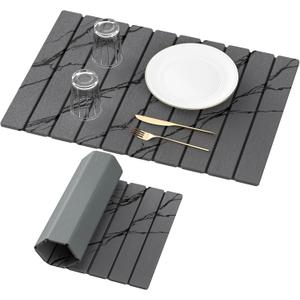 Yofidra Large Stone Dish Drying Mat for Kitchen Counter, Quick Dry Stone Mats with Absorbent Diatomaceous Earth, Foldable Roll Up Drying Organizer Pad for Utensils Plate, 24"×16", Dark Gray Marble