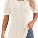 Ficerd Women's Puff Short Sleeve Tunic Tops Pleated Crew Neck Summer Blouses Dressy Casual Loose T Shirts, Size L, 2 Pack