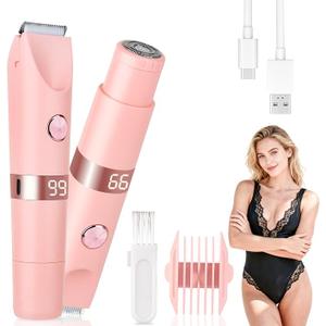 2-in-1 Electric Shaver & Bikini Trimmer With LED Display for Women & Men，IPX7 Waterproof Wet/Dry Electric Razor With Dual Head , Rechargeable Painless Body & Facial Hair Remover, Travel-Size (Pink