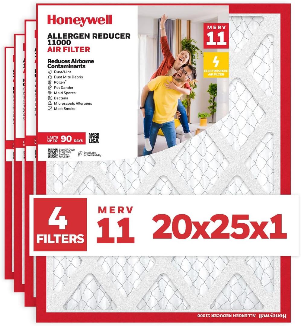 Honeywell 20x25x1 MERV 11 Allergen Reducer 11000 Electrostatic Pleated HVAC AC Furnace Air Filter (4-Pack) | Replacement Filter for Home Use | Made in USA