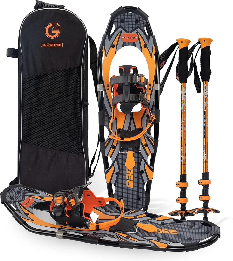 G2 36 Inches Light Weight Snowshoes with Toe Box, EVA Padded Ratchet Binding, Heel Lift, Flexible Pivot Bar, Durable Back Strap, Set with Trekking Poles, Carrying Bag, Snow Baskets, Orange