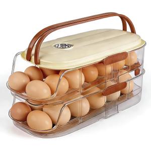 Egg Holder For Fridge, Clear Egg Organizer For Refrigerator With Lid And Handle, Automatic Rolling Eggs Holder For Fridge, Eggs Container For Counter Top, Kitchen, Outdoor (Double Column)