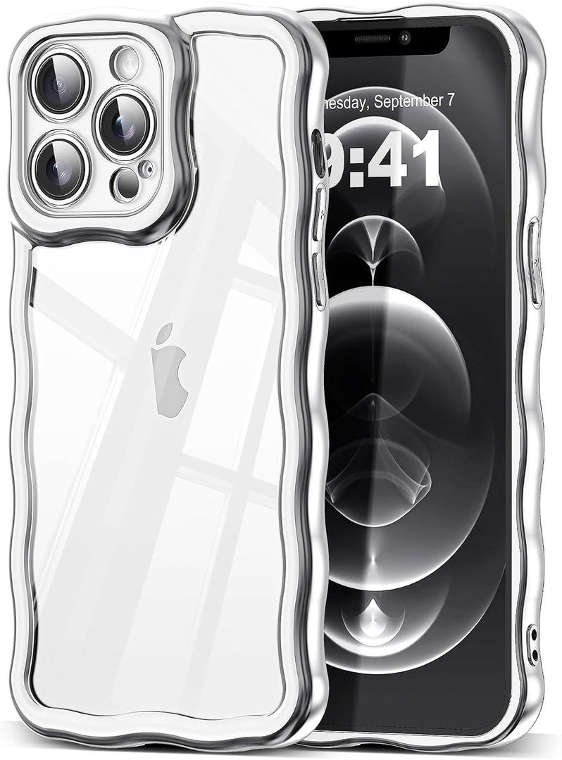 SKYLMW Compatible with iPhone 12 Pro Max Case Wavy Frame Cute,Silver