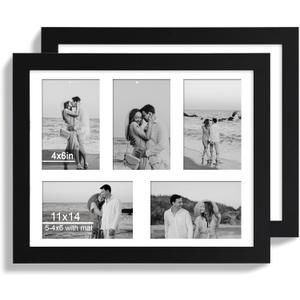 Hongkee 11x14 Picture Frame Set of 2, Black Wood Frame with Real Glass Collage Picture Frames, Display Pictures Five 4x6 With Mat or 11 x 14 Without Mat, Photo Frames Wall Gallery