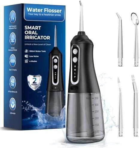 Water Flosser for Teeth Cleaning Pick: Portable Cordless Oral Irrigator350ML,4 Modes 4 nozzles,IPX7 Waterproof Rechargeable Design–Perfect for Travel and Daily Deep Cleaning Gum Care at Home (Black)