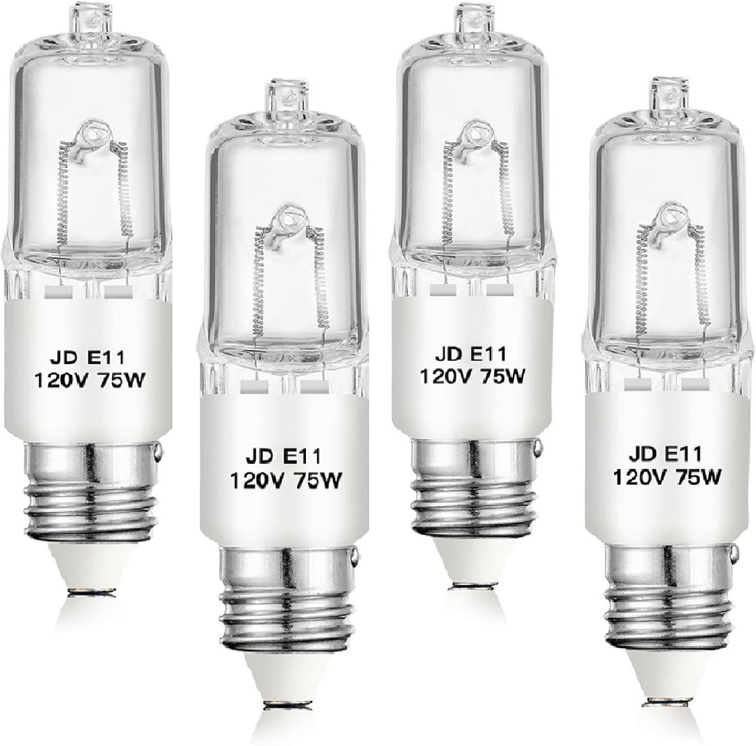 E11 Halogen Bulb,120V 75W Halogen Candelabra Bulbs 4 PackT4 Mini Base JD E11 Bulb,Dimmable 2700K Warm White,for Chandeliers,Candelabra,Ceiling Fan, Table Lamps, Cabinet Lighting
