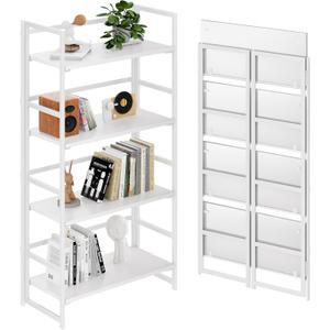 BHG Vintage Multifunctional Folding Bookshelf, No-Assembly Plant Stand Storage Rack Shelves for Home Office (All White, 4-Tier)