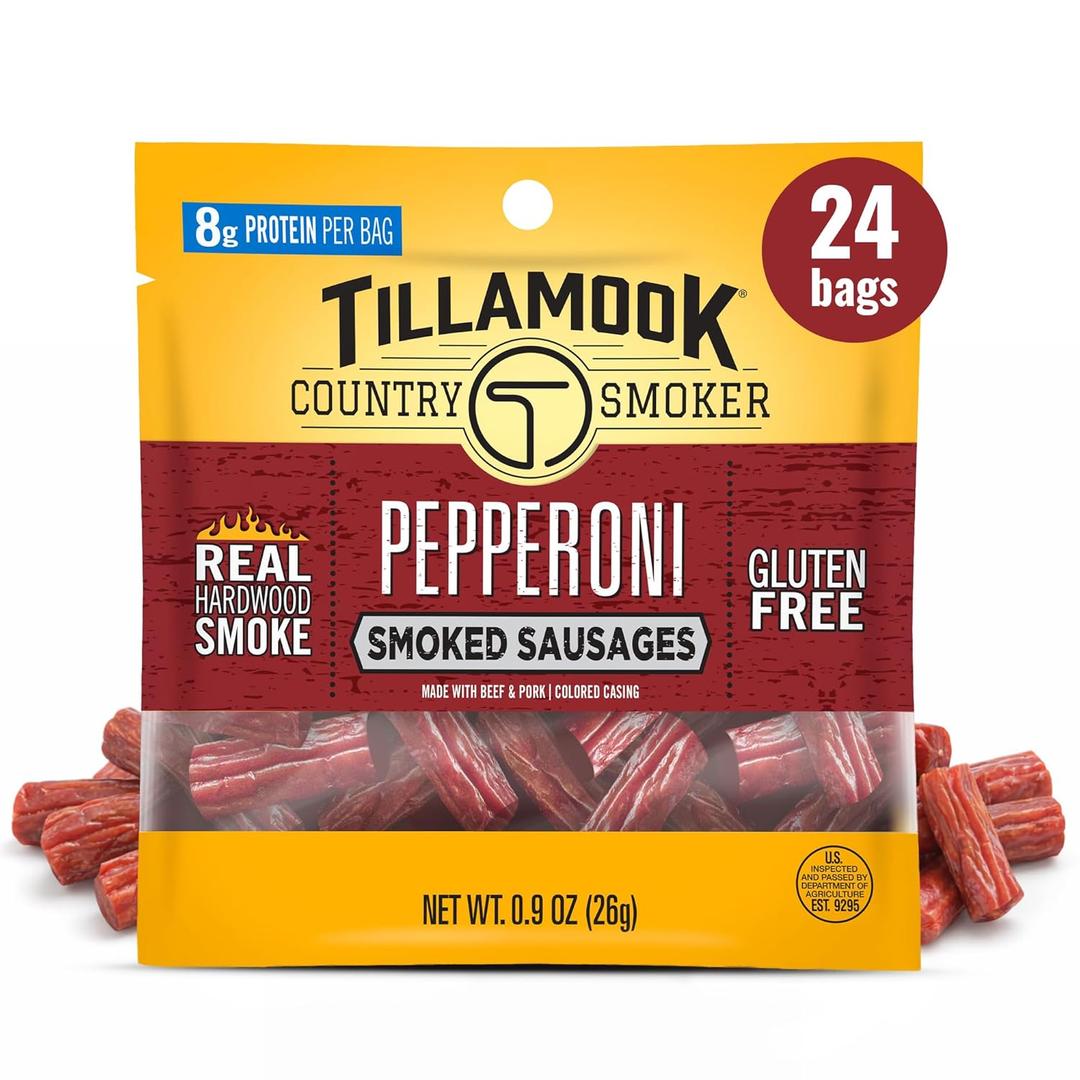 Tillamook Country Smoker Pepperoni Smoked Sausages, 0.9 oz, 24 Count, Made with Beef & Pork, Real Hardwood Smoked, Protein-Packed, Satisfying Taste, On-the-Go Snacking (EXP 05/29/26)