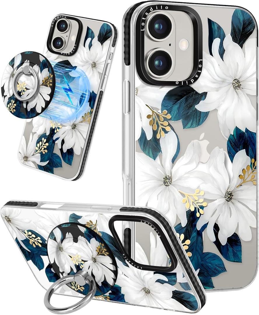 Lotadilo Case for iPhone 17 Case Compatible with Magsafe Ring Holder Stand - for Women Blue Flower Design TPU Phone Cover for Girls Girly Funny Fashion