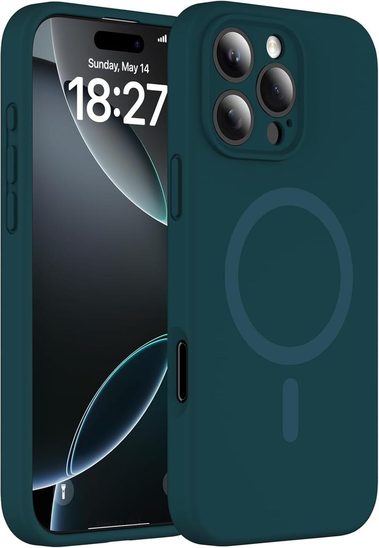 Magnetic for iPhone 16 Pro Max Case, Compatible with MagSafe, Full Camera Protection, Military-Grade Protection 3.0mm Thicken Silicone Phone Cover for 16 ProMax 6.9",Blackish Green