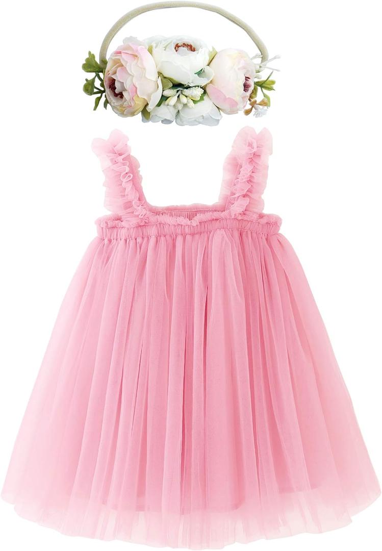 BGFKS Layered Tulle Tutu Dress for Toddler Girls,Baby Girl Rainbow Tutu Princess Skirt Set with Flower Headband. (12 Months, Pink)