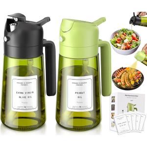 Vakoo 2 in 1 Oil Sprayer and Oil Dispenser for Kitchen - 16oz/470ml Light-Blocking Dark Glass Olive Oil Spray Bottle for Cooking, Air Fryer, Salad & BBQ (Black&Green)