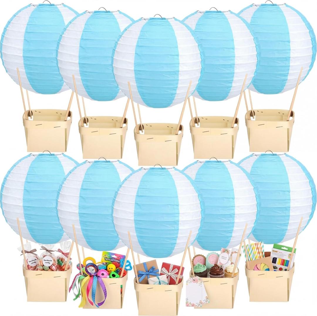 12 Sets Baby Shower Hot Air Balloon Table Centerpieces DIY Hot Air Balloon Centerpieces Baby Shower Decorations with Wooden Basket Stick for Gender Reveal First Birthday Wedding Party(Blue)