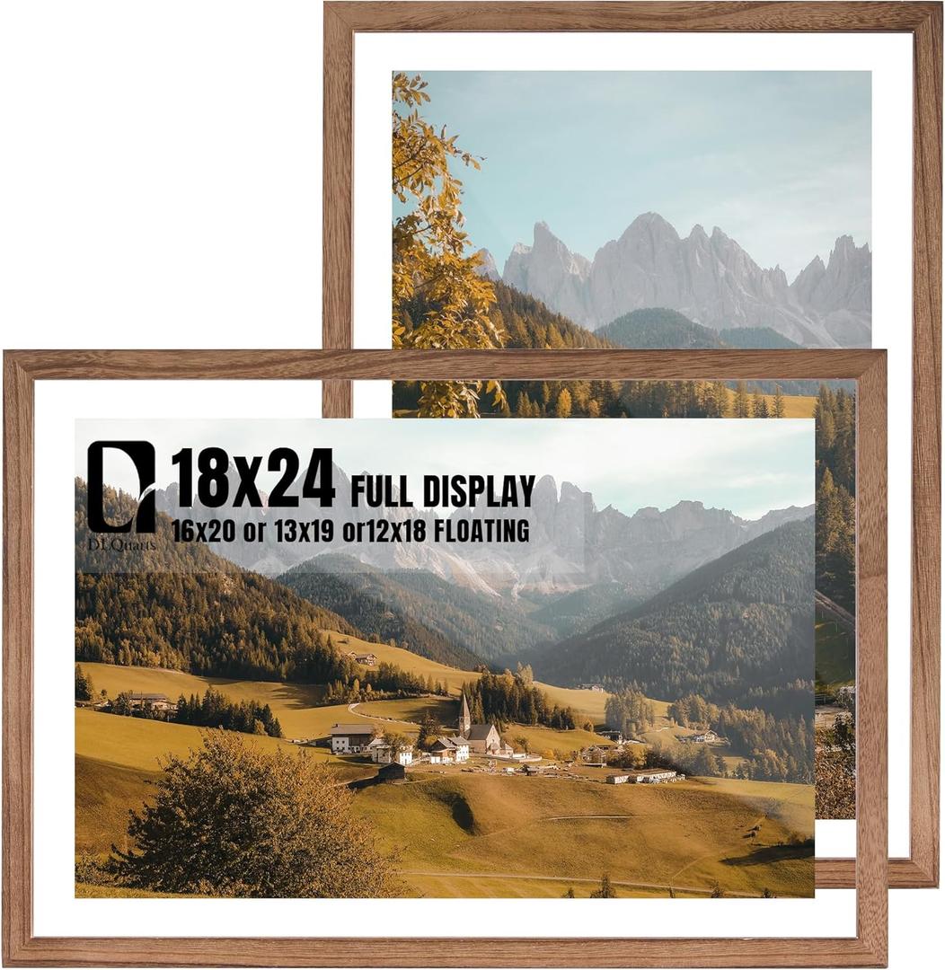 DLQuarts 18x24 Floating Picture Frame for 16x20/13x19/12x18/11x14 Photos, 2-Pack Solid Wood Double Plexiglass Wall Art Frames, Any Size Photo up to 18x24 Display, Carbonized Wood