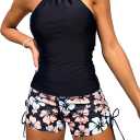 SOLY HUX Tankini Swimsuits for Women Halter Tops and Floral Print Shorts Bathing Suits Two Piece Swimsuit (XL, Black Floral)