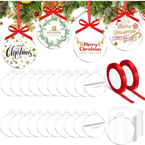 Blulu 100 Pcs Christmas Clear Acrylic Ornament Blanks Bulk Round Acrylic Discs Ornament Vinyl Christmas Hanging Circle Ornaments Blank with 2 Rolls Red Ribbon for Xmas Tree DIY Crafts(4 Inch)