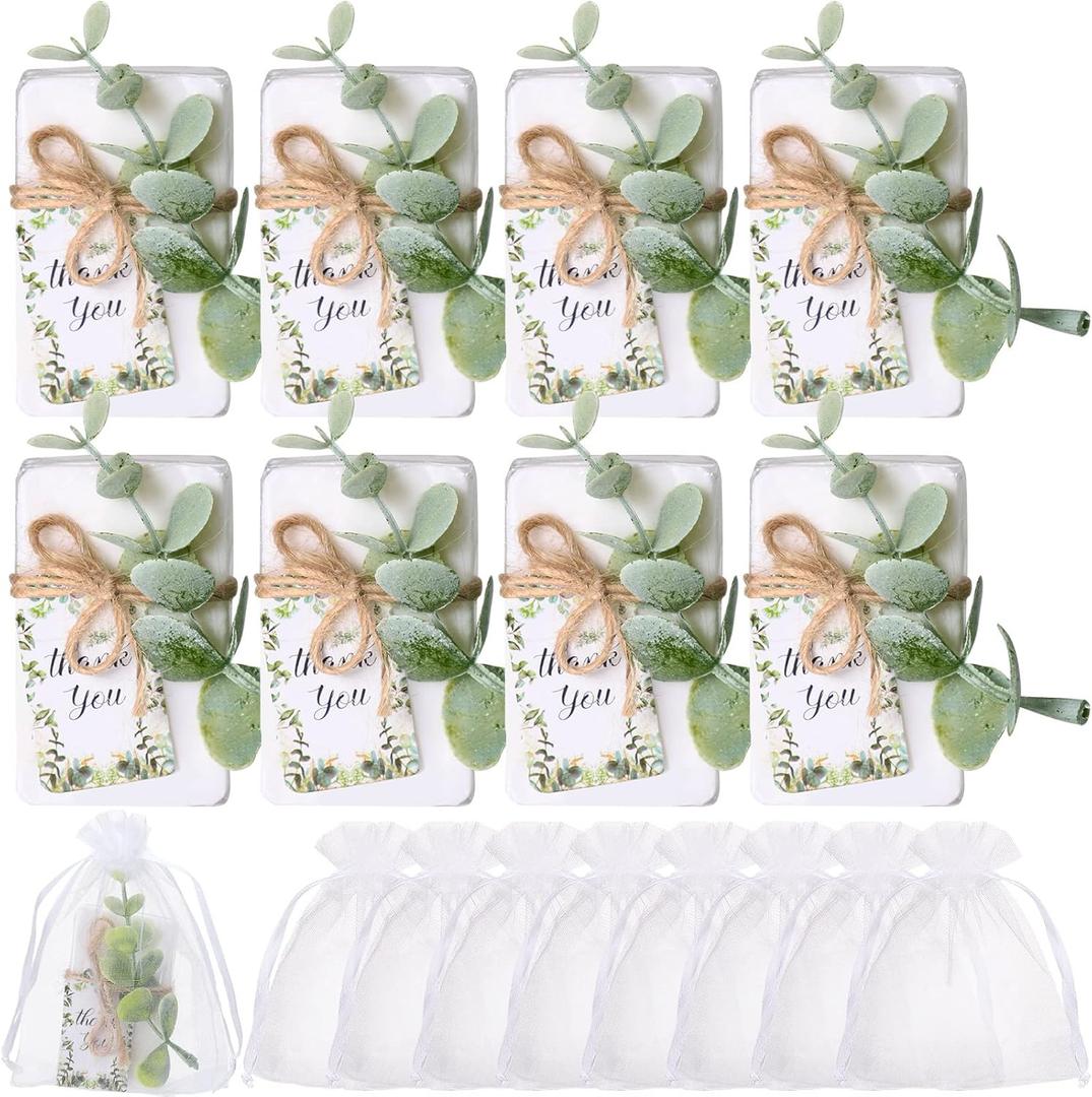 Demissle 60 Sets Mini Soap Baby Shower Wedding Favors Small Scented Bars Bridal Shower Gifts for Guests White Hand Soaps with Mini Faux Eucalyptus Greenery Gift Cards Organza Bags for Birthday Party