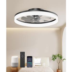 20'' Flush Mount Ceiling Fan with Light, Low Profile Smart Ceiling Fan, 6-Speed & Dimmable LED, Alexa/Google Home Voice Control,Reversible Airflow, App Timer, Memory Function for Bedroom Black