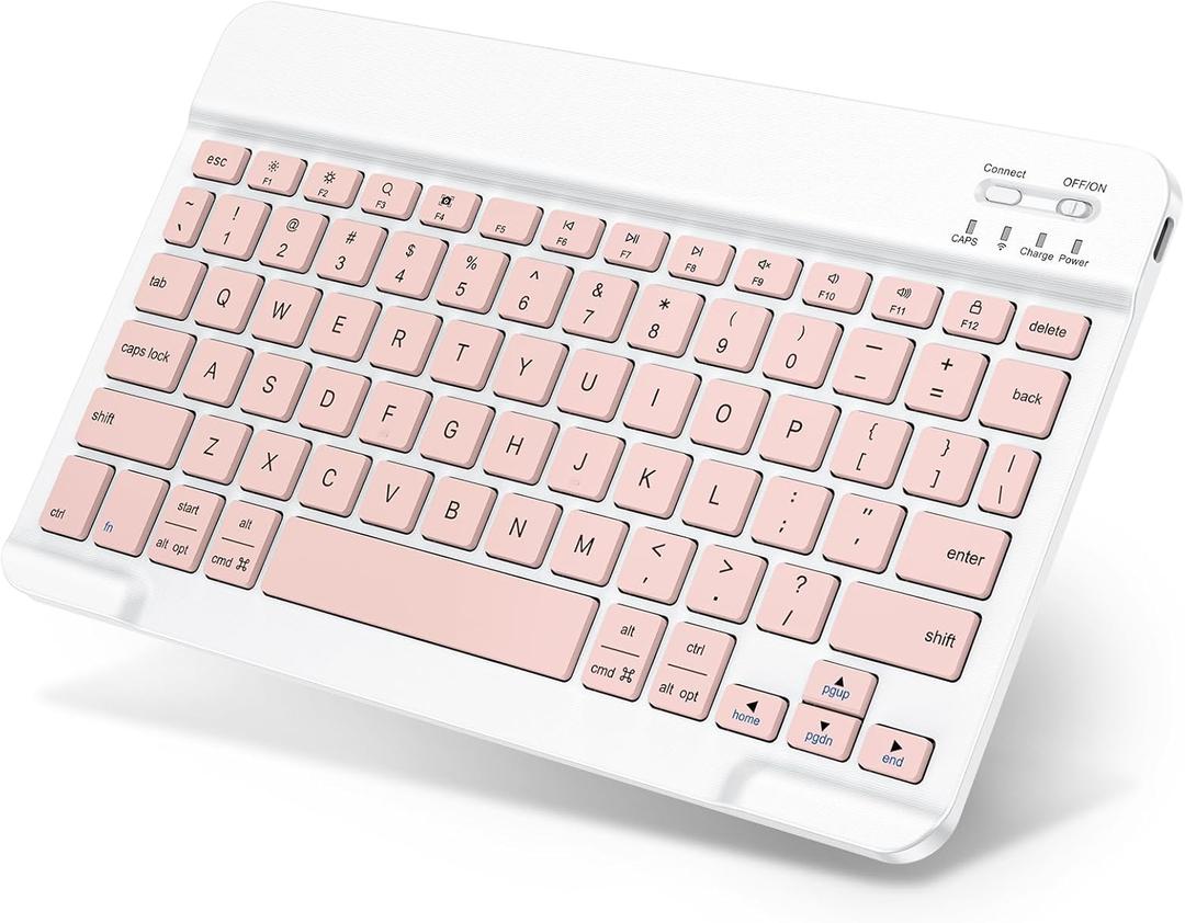 Emetok Wireless Keyboard for Tablet, iPad, iOS, Android, Windows, Rechargeable Mini Bluetooth Keyboard, Portable Size Ultra-Slim Design, Speedier Response/Comfortable Typing, Pink