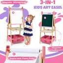 Kids Easel Including 100+ Accessories, Dual-Sided Wooden Easel for Kids Girls Age 3-12 with Magnetic Chalk & Painting Board, Free Height Adjustable Art Easel Supplies for Toddlers (Pink)