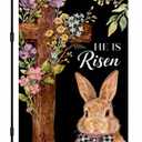 IVN Happy Easter Garden Flag 12x18 Inch Double Sided Burlap Cross with Bunny and Floral Accents on Black Background Design Small Outdoor Yard Flag Holiday for Porch Lawn Patio Easter Welcome Decor