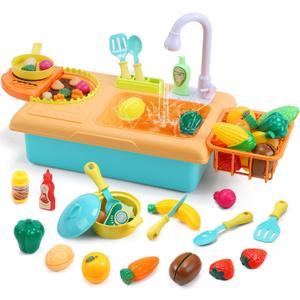 CUTE STONE Kids Pretend Play Sink with Running Water, Toddler Sink Toy with Upgraded Electric Faucet, Play Kitchen Accessories, Cooking Stove, Vegetable Garden Toys, STEM Learning Gift for Ages 3+ (Yellow)