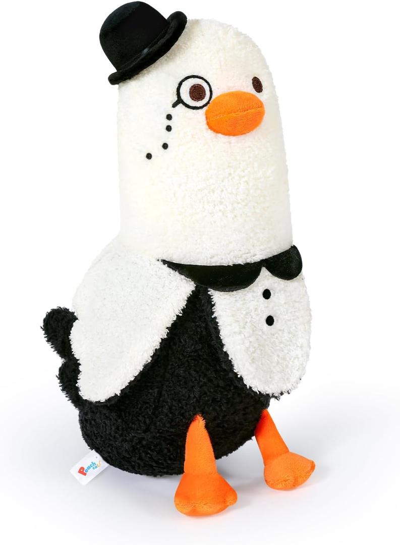 PEACH CAT Banana Duck Plush Pillow Wear Bowler Hat Monocle Stuffed Animals Cute Plushies Toy Gifts for Kids White and Black 12"