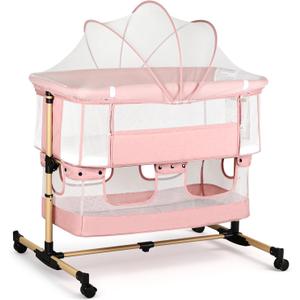Baby Bassinet, 3 in 1 Infant Bassinet Bedside Sleeper, Bassinet with Cover, Rocking Bedside Bassinet for Baby with Storage Basket, Foldable & Adjustable Travel Crib (Light Pink)