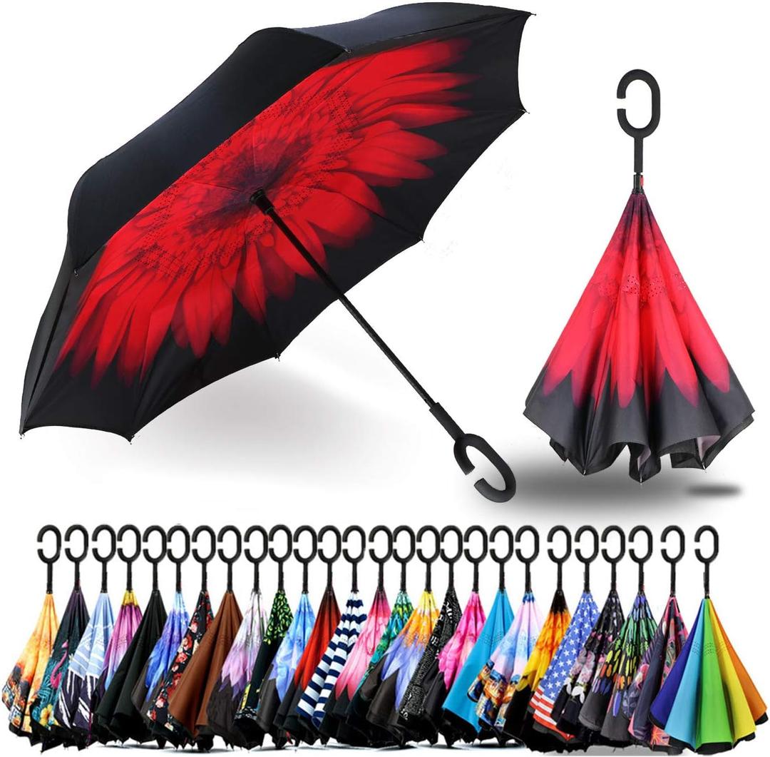 SIEPASA 49 Inch Inverted Reverse Upside Down Umbrella, Extra Large Double Canopy Vented Windproof Waterproof Stick Golf Umbrellas with C-shape Handle.