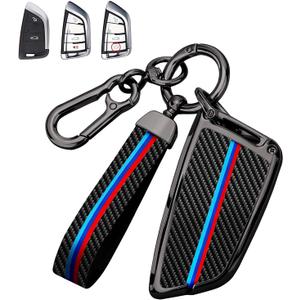 for BMW Key Fob Cover with Keychain, Carbon Fiber Metal Key Fob Case Fit for BMW X3 X5 X6 X1 X7 X2 GT 5 7 2 6 Series, Blade Shape Full Protection Key Shell Accessories for Man Woman