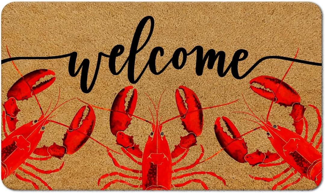 Coastal Beach Red Lobster Welcome Mat, Beachy Ocean Nautical Faux Coir Door Mat Doormat for Front Door Indoor Outdoor Porch Entrance Entryway Outside Inside, 17x30 Inches