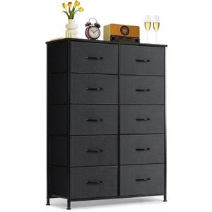 10-Drawer Dresser for Bedroom, Anti-Tip Tall Storage Organizer | Chest of Drawers with Wooden Top and Metal Frame Fabric Bins for Closet, Living Room, Hallway, Entryway, Black