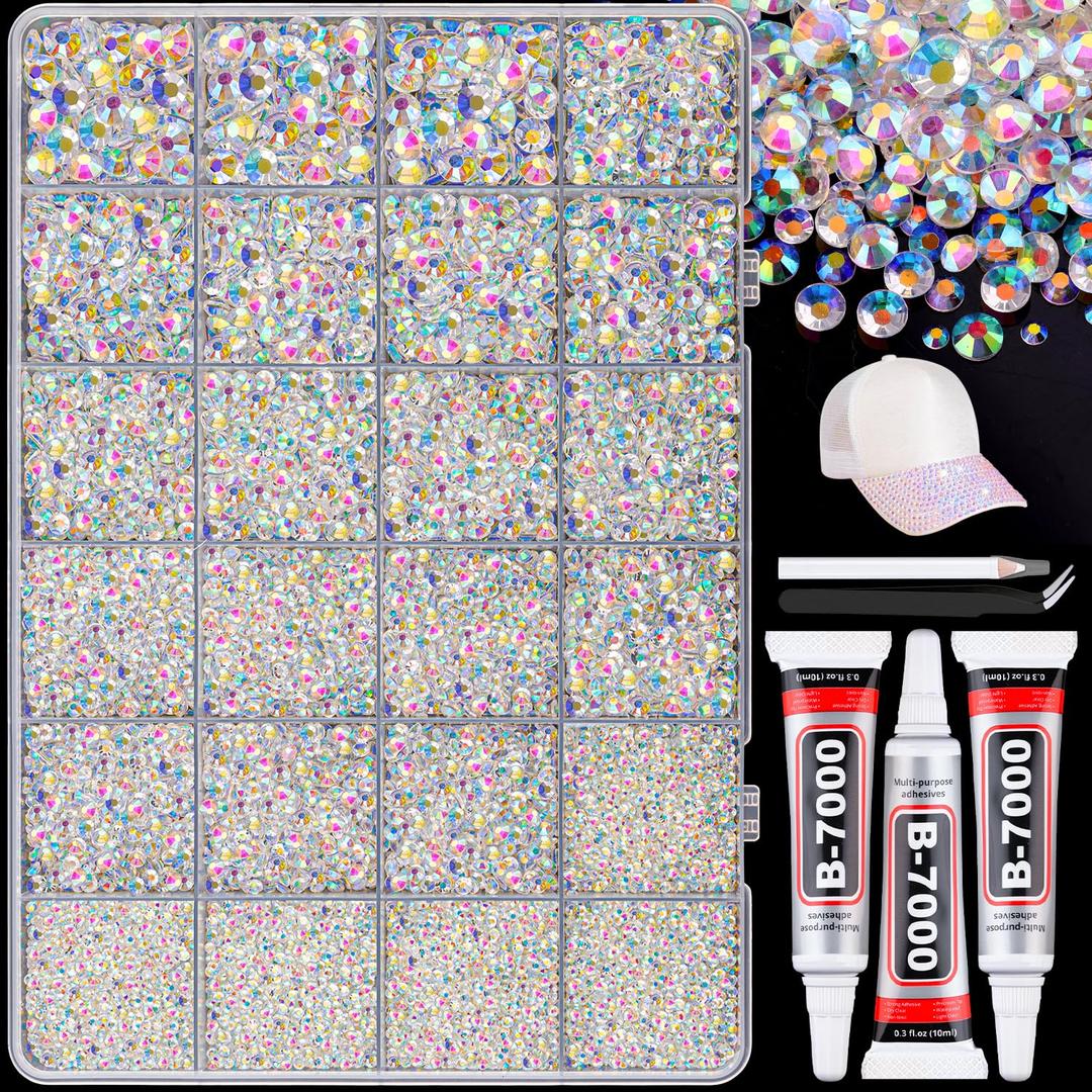 25000Pcs Resin Rhinestones with B7000 Jewelry Glue for Crafting, Transparent AB 2-6mm Non Hotfix Flatback Gems, Bedazzling Crystal for DIY Crafts Clothing Tumblers Mugs Shoes Fabric Decor Nail Art (Large Pack + 3Pcs Glue)
