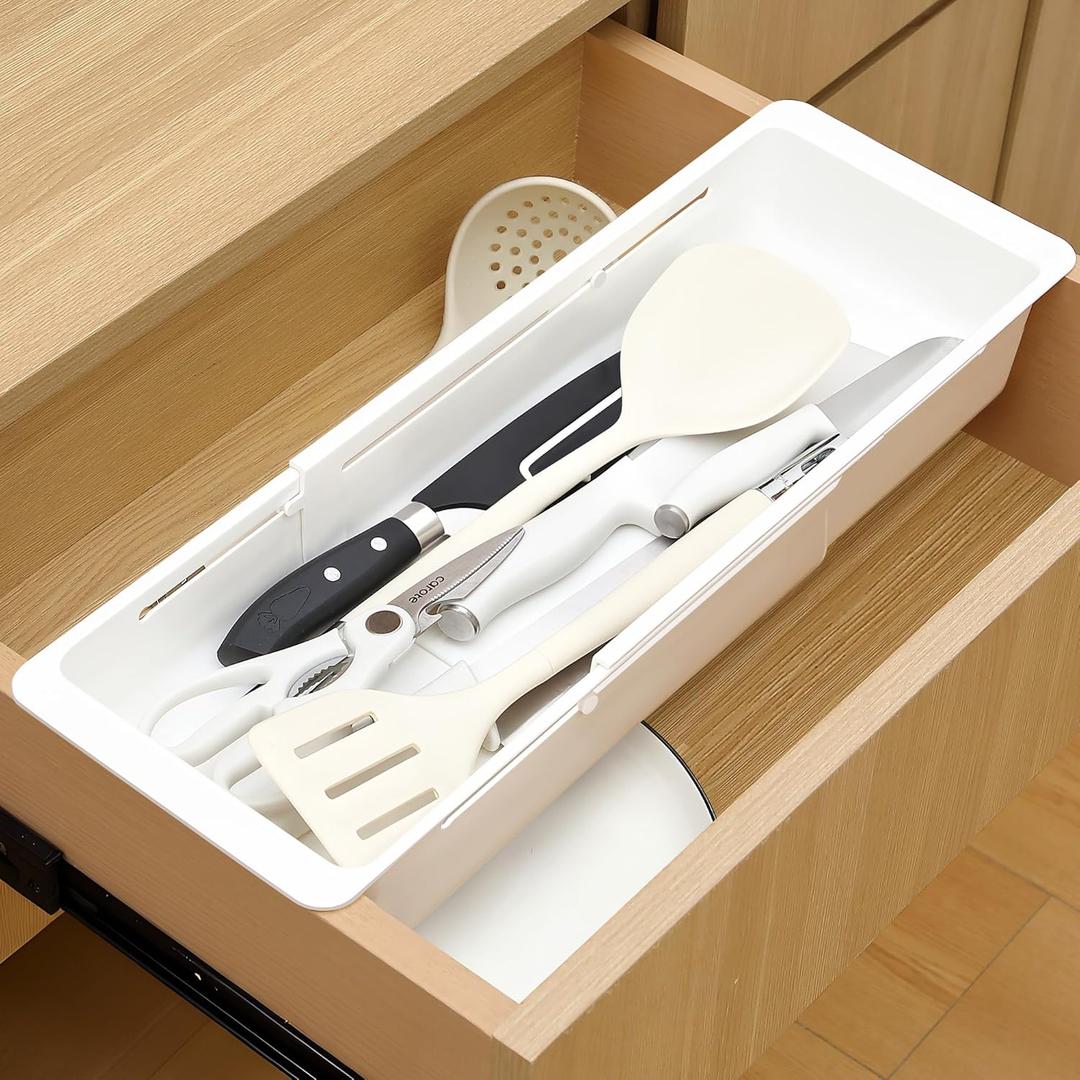 1 Pack Deep Drawer Organizer Bins, Sliding Drawer Organizer Bin Expandable and Adjustable Tray for Kitchen Utensils, Towels, BBQ Tools, Durable Plastic Sliding for Easy Storage (17.4-27.6")