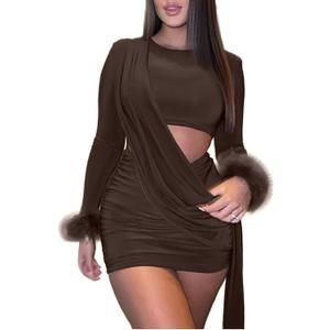 Aro Lora Womens Sexy Ruched Cutout Bodycon Dresses Long Sleeve Fuzzy Cuff Party Club Mini Dress (Large, Brown)