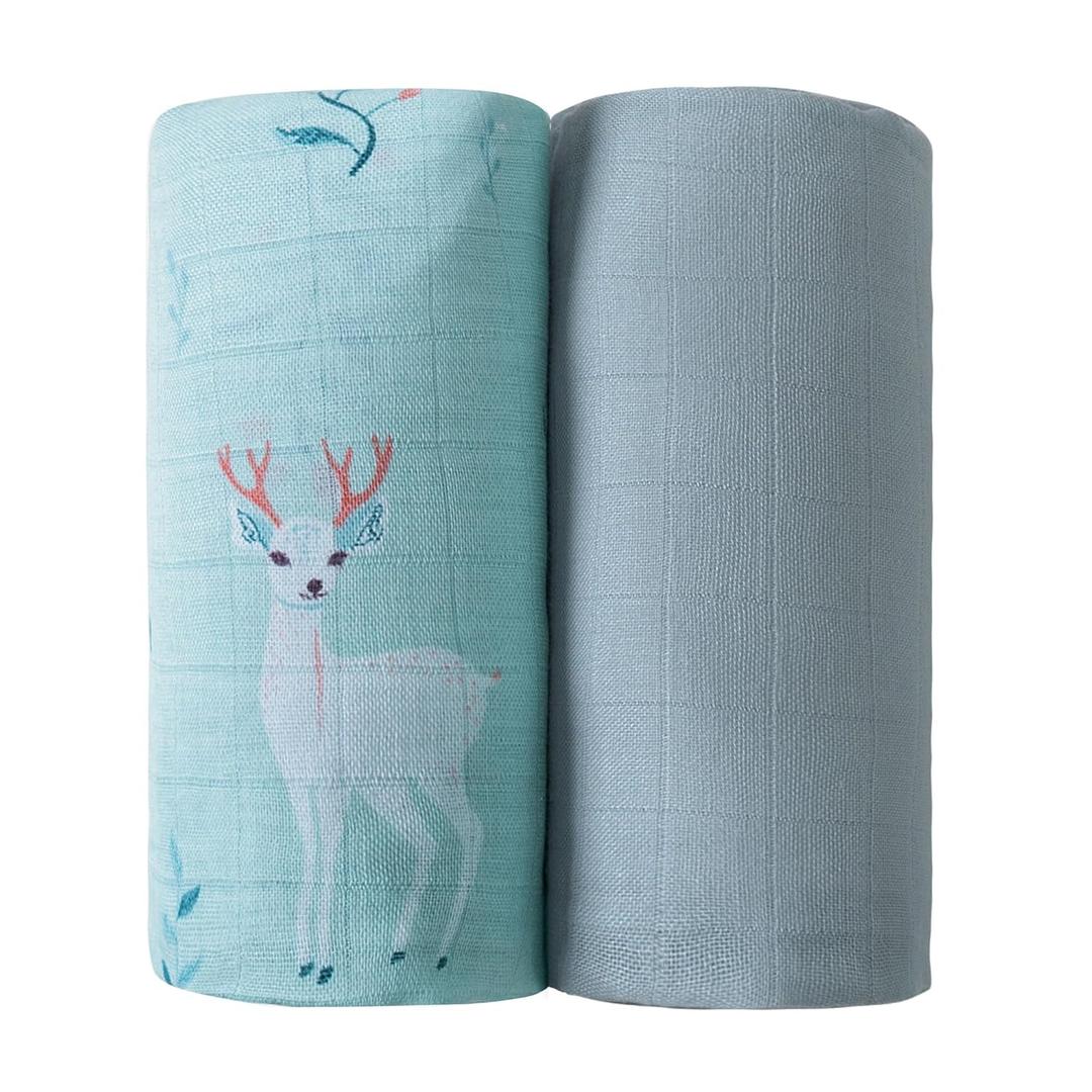 Viviland Muslin Swaddle Blankets, Breathable and Skin-Friendly Baby Receiving Blankets, 2-Pack Deer, 47 x 47 inches