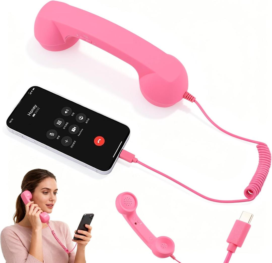Retro Phone Handset for iPhone & Android,2026 New Cell Phone Receiver with Microphone & Speaker, Classic Vintage Old School Telephone Receiver for Mobile Phones,90s Style Prop for Photos (Pink)