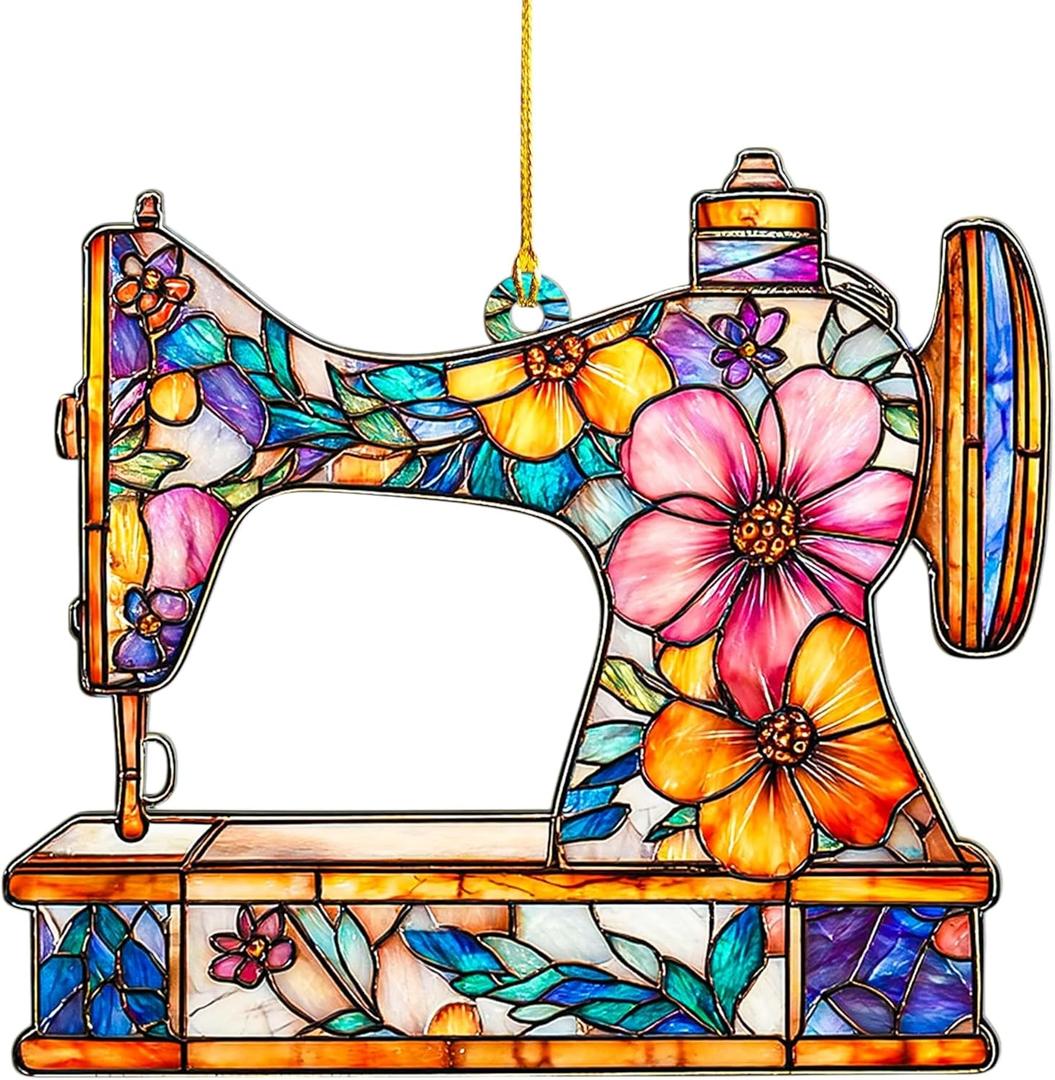 Faux Stained Glass Sewing Machine Christmas Acrylic Ornament, Sewing Machine Ornaments for Christmas Tree, Sewing Gifts for Sewing Lovers, Gift Exchange Present (Sewing Ornament)