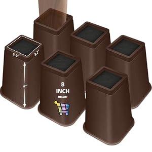 NKPOPHETE 8 inch Bed Risers Adjustable Furniture Risers - Heavy Duty Non-Slip Lift Supports for Beds/Couches/Sofas, Durable Square Design with Creates Storage Space (6 Pack Brown, 8 inch Square)