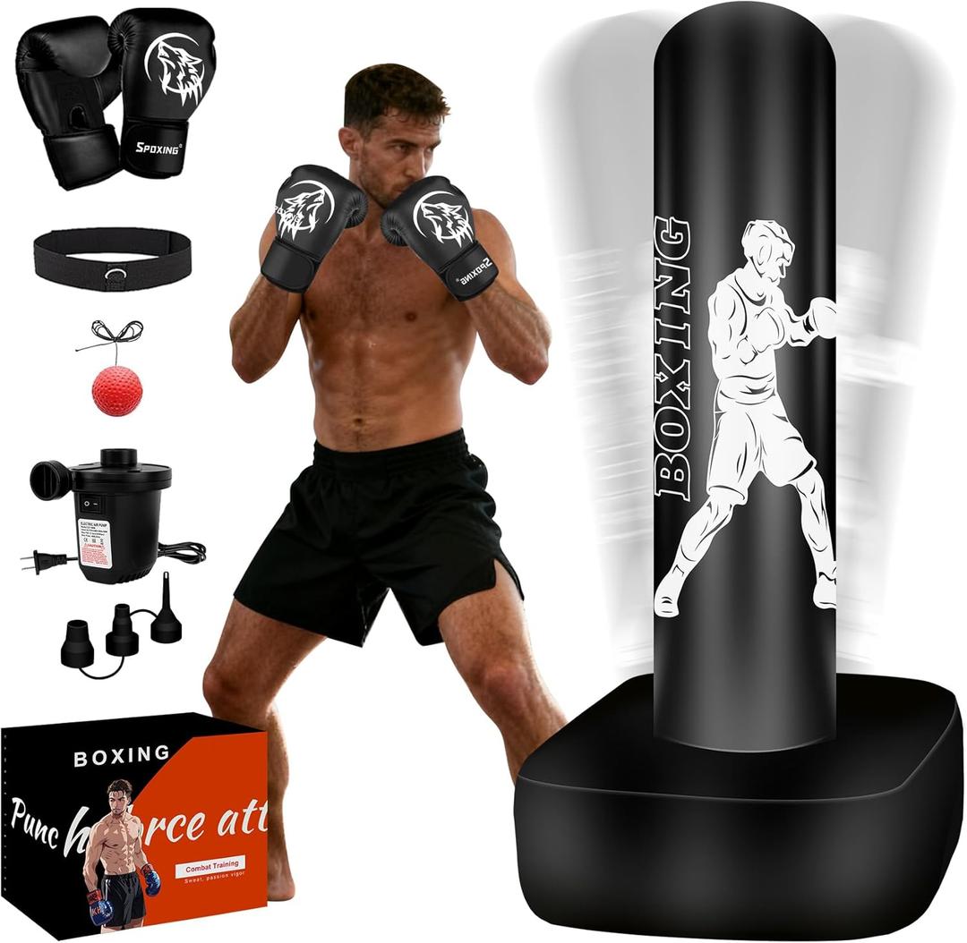 Punching Bag for Adults, 70" Boxing Bag with Stand, Freestanding Heavy Bag with Boxing Gloves, Reflex Ball Set, Kickboxing Bag Training Equipment for Muay Thai, MMA, Gym, Training, Fitness