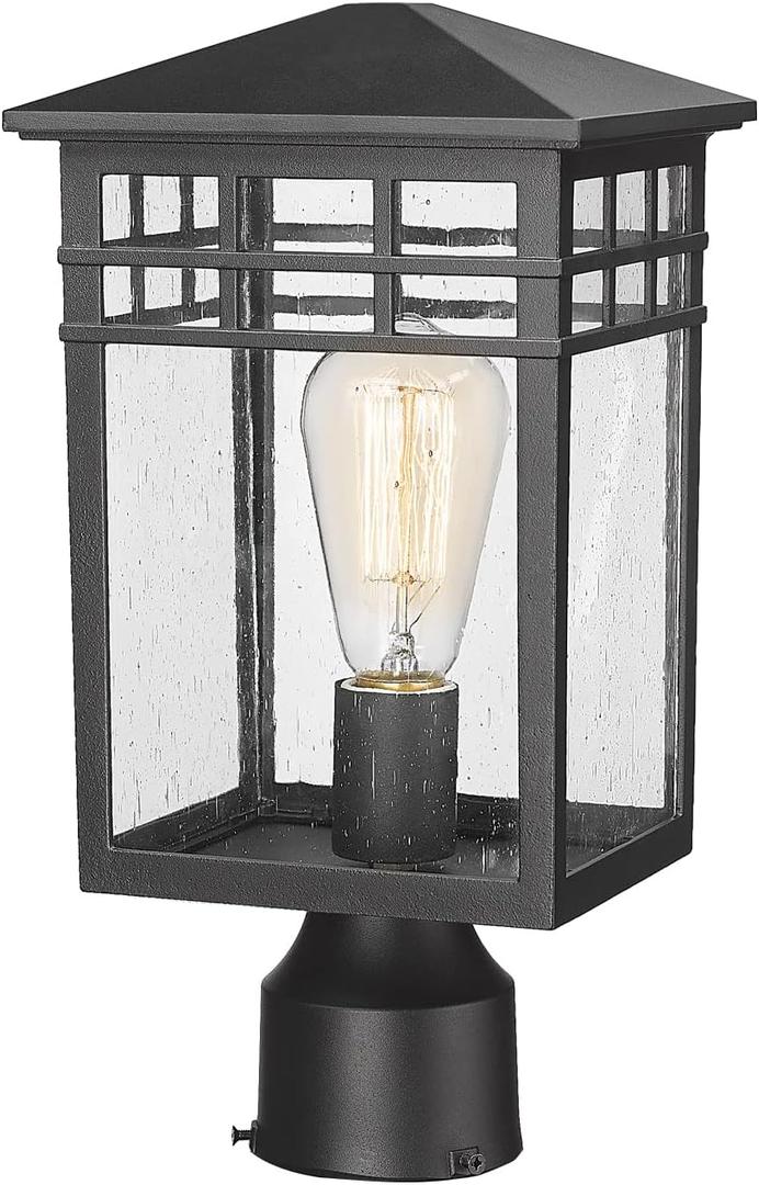 Outdoor Post Light Fixture, Modern Exterior Pillar Lantern with Black Finish & Seeded Glass, Pole Light for Garden, Backyard, Courtyard, Patio, Porch, RZ009-P BK