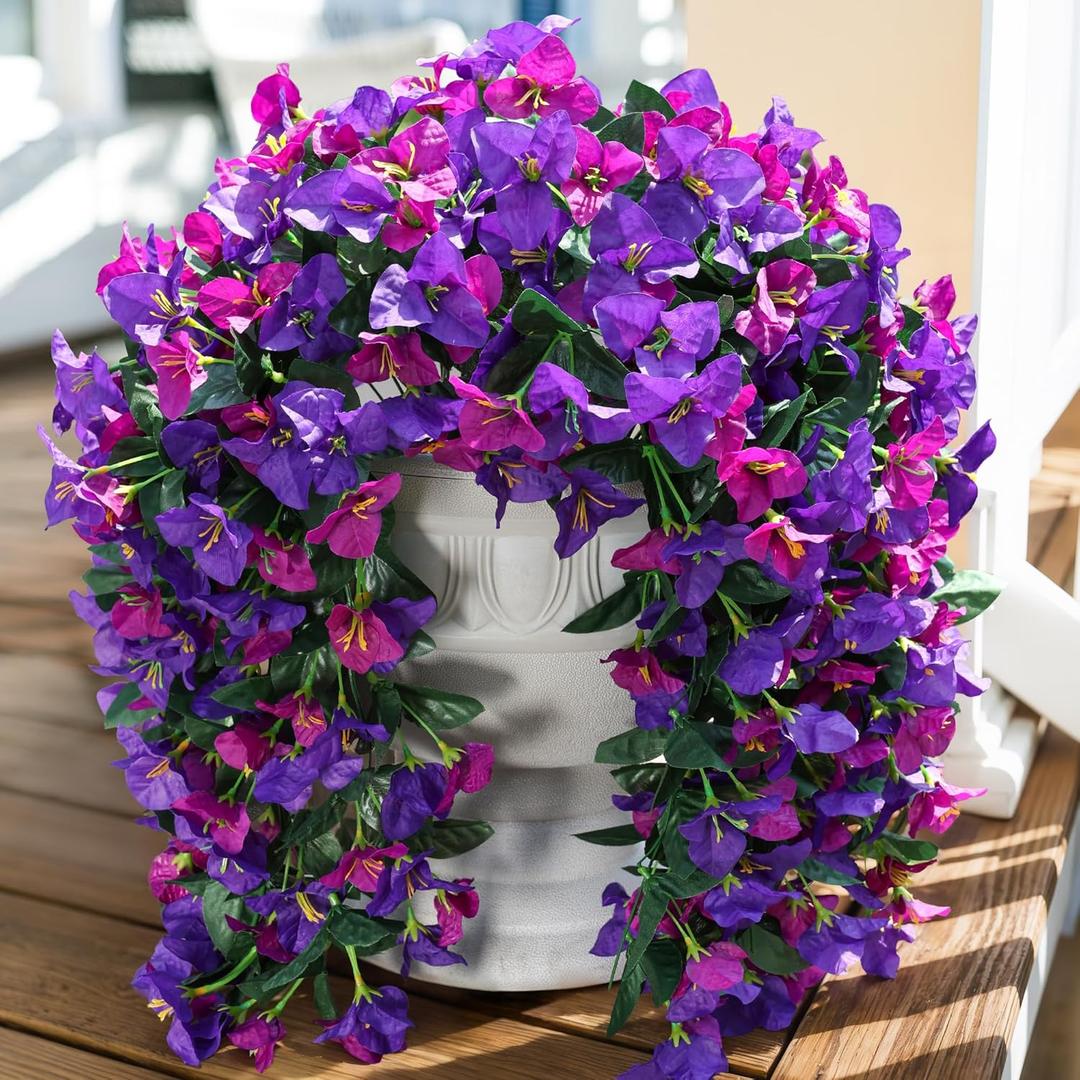 Faux Bougainvillea Artificial Flowers Plants for Outdoors Outside Decoration, 2pcs Fake Flowers Silk Long Trailing Vines UV Resistant Realistic for Front Door Porch Planter Urn Patio Balcony Yard, Mix (Dark Purple + Fuchsia)