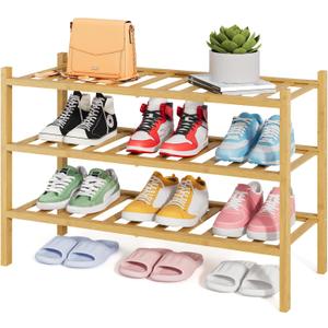 Kitsure Bamboo Wooden Shoe Rack for Closet - Stackable Shoe Organizer with Modular Structure, Space-Saving Shoe Shelf for Entryway, Living Room, Bedroom, 26.8" x 11" x 18.9", Natural (26.8"Wide - 3 Tiers, Nature)