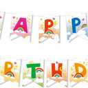 Cute Bear Themed Happy Birthday Banner, Pre-Strung Rainbow Cloud Sun Star Theme Party Decoration Colorful Cartoon Banner for Boys Girls Birthday Baby Shower Supplies