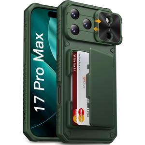 Vihibii for iPhone 17 Pro Max Case with Card Holder (4 Cards) [RFID Blocking] & Slide Lens Cover, Military Grade Drop Protection, Rugged Hard Back & Silicone Edge Wallet Phone Case 6.9" 5G 2025, Green