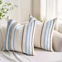 Coastal Blue Boho Throw Pillow Covers 18x18 Inch Farmhouse Decorative Striped Cushion Cases Accent Pillows Square Rustic Textured Woven Neutral Pillowcase for Sofa Couch Bed Living Room,Pack of 1