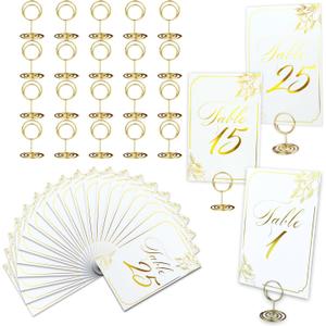 White Gold Wedding Table Numbers 1-25 with Holders - 25 Cards and Holders Set for Reception, Birthday Party