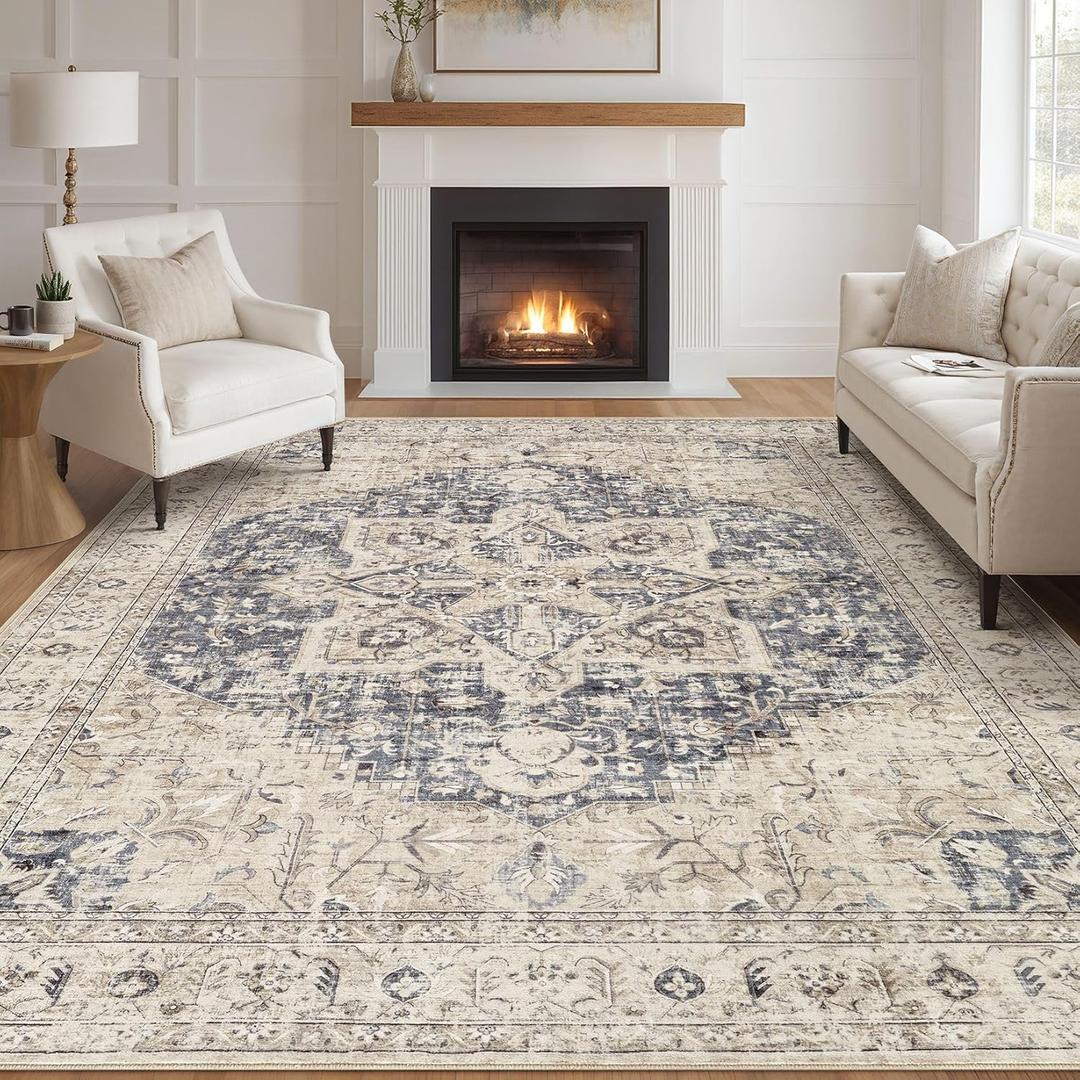 Tortania Area Rug Living Room Rugs - 10x14 Washable Boho Rug Vintage Oriental Distressed Farmhouse Large Thin Indoor Carpet for Living Room Bedroom Under Dining Table Home Office - Cream Blue