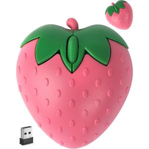 Wireless Bluetooth Mouse Cute Pink Fruit Strawberry Shape Silent Portable Lightweight USB Optical Cordless Dual Mode Mice for PC Laptop Computer Tablet Mac MacBook Pro Desktop Kids Girls Women Gift