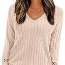PRETTYGARDEN Women's Long Sleeve Shirts Ribbed Knit V Neck Tee Dressy Casual Blouses Going Out Tunic Tops 2025 Fall Outfits (Apricot, Large)
